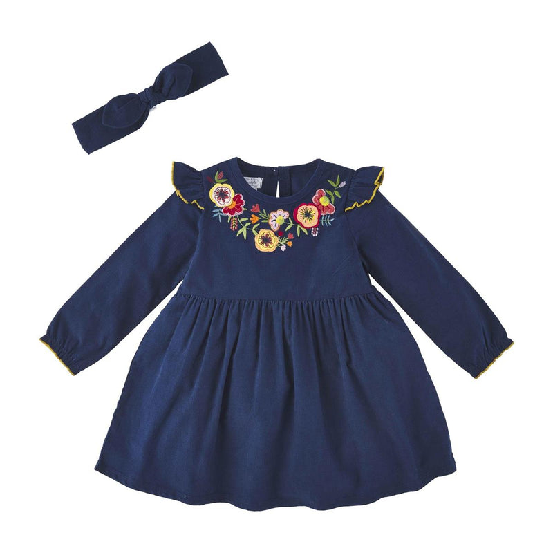 Embroidered Cord Dress with Headband-Kids